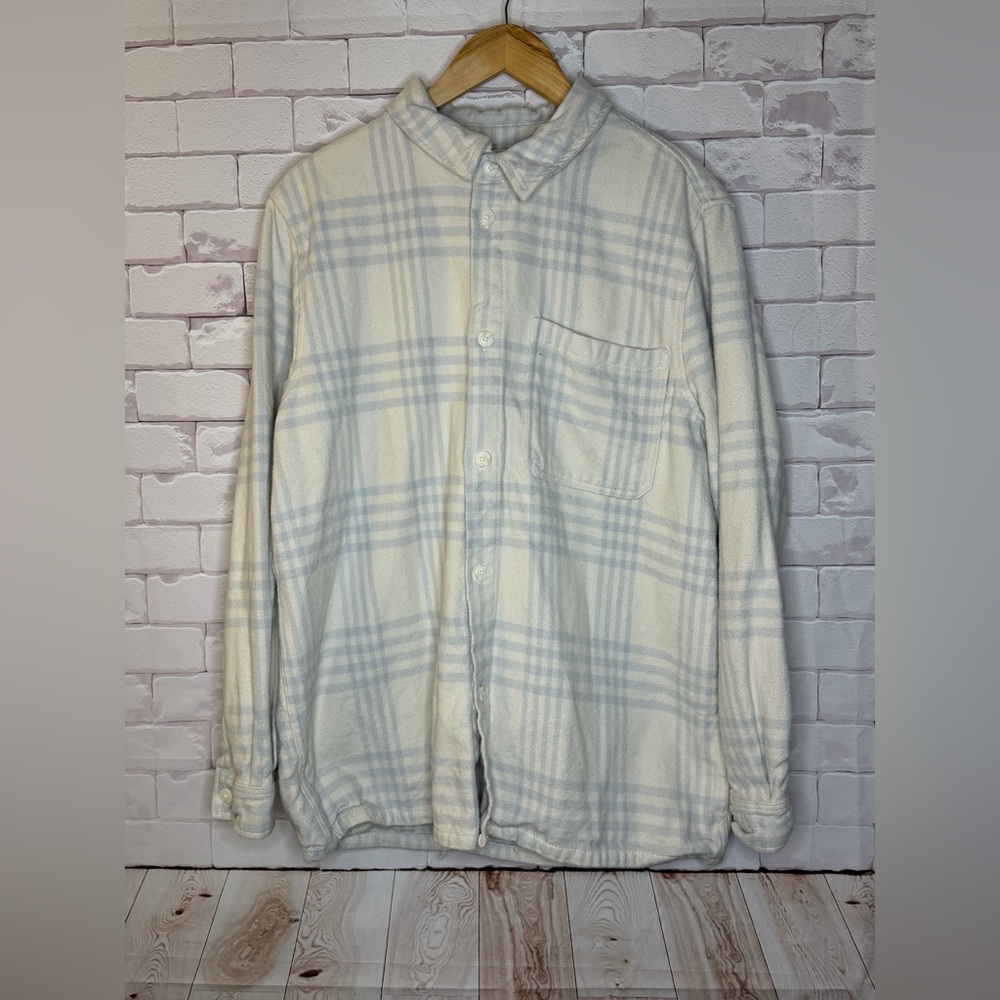 Zara Cream and Light Blue Plaid Shirt‎